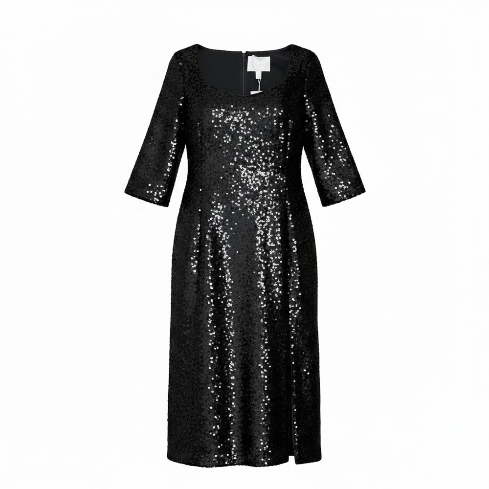 Hugo Boss Dress Womens 2 Black Sequin Sheath Sweetheart Neck Midi Cocktail